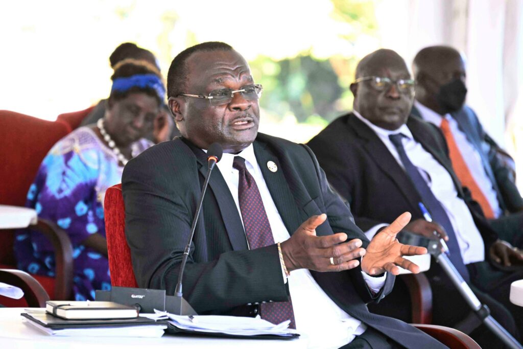 Chief Justice Alfonse Owiny-Dollo speaks during the consultative meeting with President Museveni on the pending eviction of the Balaalo herdsmen from Acholi sub-region, at State House, Entebbe, on October 18, 2023. . COURTESY PHOTO.